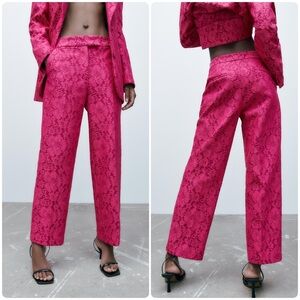 ZARA Tailored Floral Lace Pink/Fuschia Straight Leg Ankle Pants Sz XS Coquette